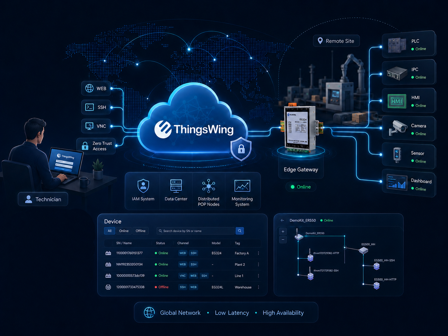 ThingsWing industrial remote access network visual with cloud platform, edge gateway, and connected OT resources